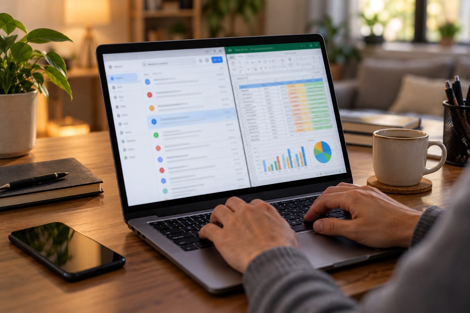 Laptop screen showing an inbox, spreadsheet, and task board used by virtual assistants