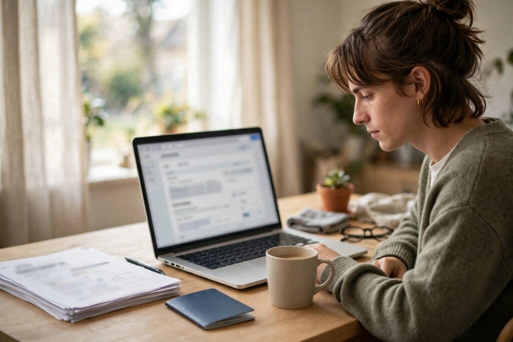 Applicant preparing an Australia visa application on a laptop at home with a passport nearby