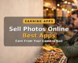 Person using a smartphone to photograph a colourful city street food stall to sell photos online