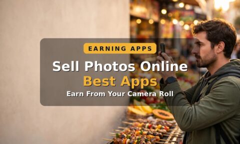 Person using a smartphone to photograph a colourful city street food stall to sell photos online